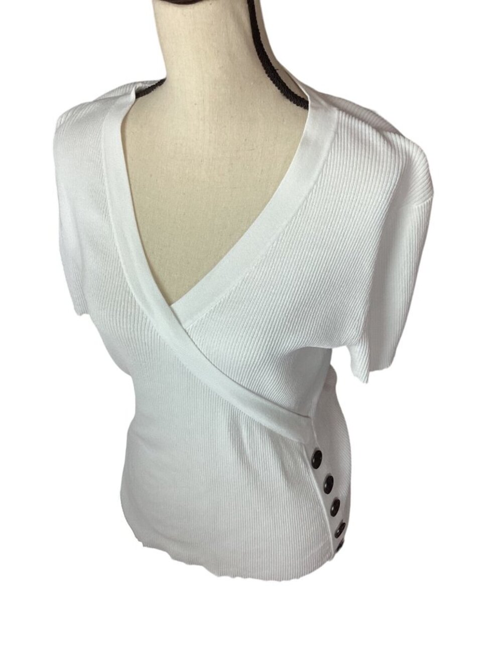 Women's  V-Neck Ribbed Pullover Top * Med*  White Cotton blend *5 side buttons